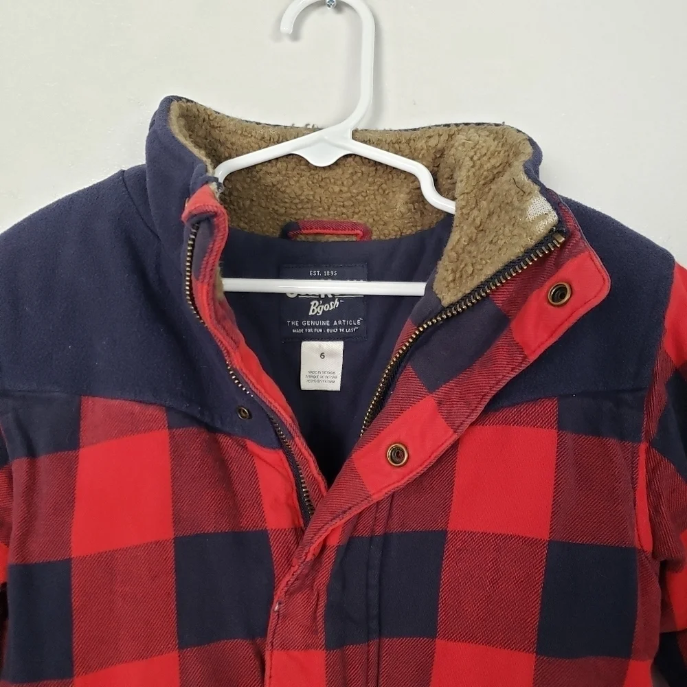 Osh Kosh Full Zip Jacket Red Navy Plaid Sherpa 6 S